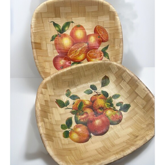 Vintage Woven Bamboo Decorative Plates with Fruit Oranges And Flowers Set Of Two - Picture 1 of 7